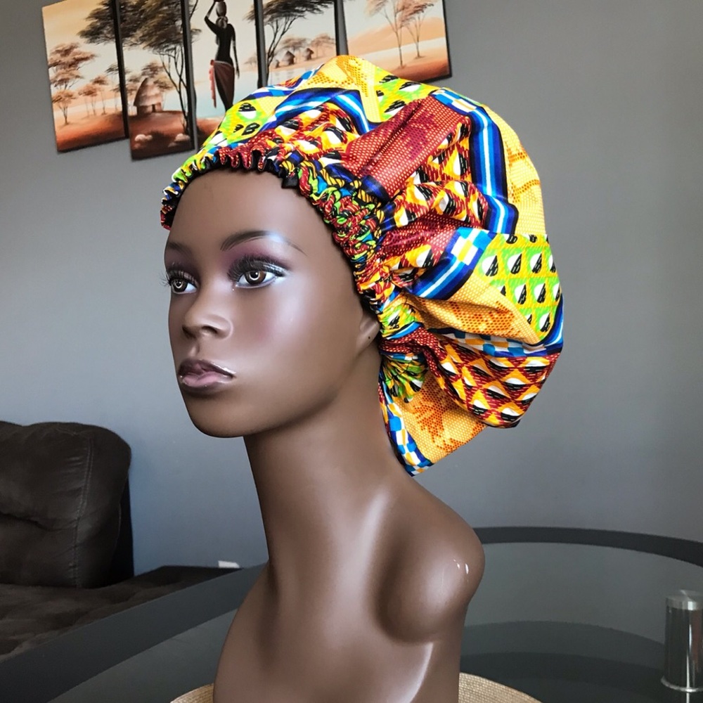 LARGE, TWO IN ONE, ANKARA AND SATIN BONNET CAP